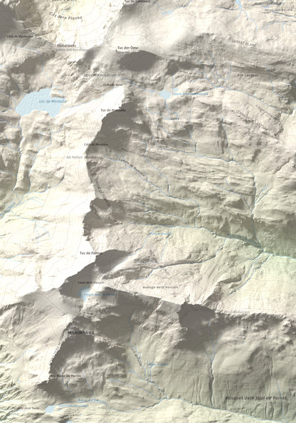 Mapa de relieve de Maubèrme, 2882 m, Val d'Aran, lámina 100 Cims de Trobart. Detalle de la zona inferior derecha. 70 × 100 cm.