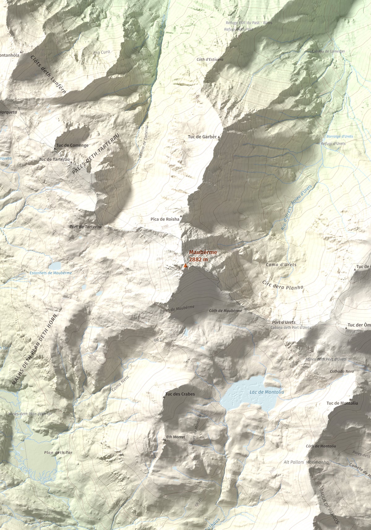 Mapa de relieve de Maubèrme, 2882 m, Val d'Aran, lámina 100 Cims de Trobart. Detalle de la zona central. 70 × 100 cm.