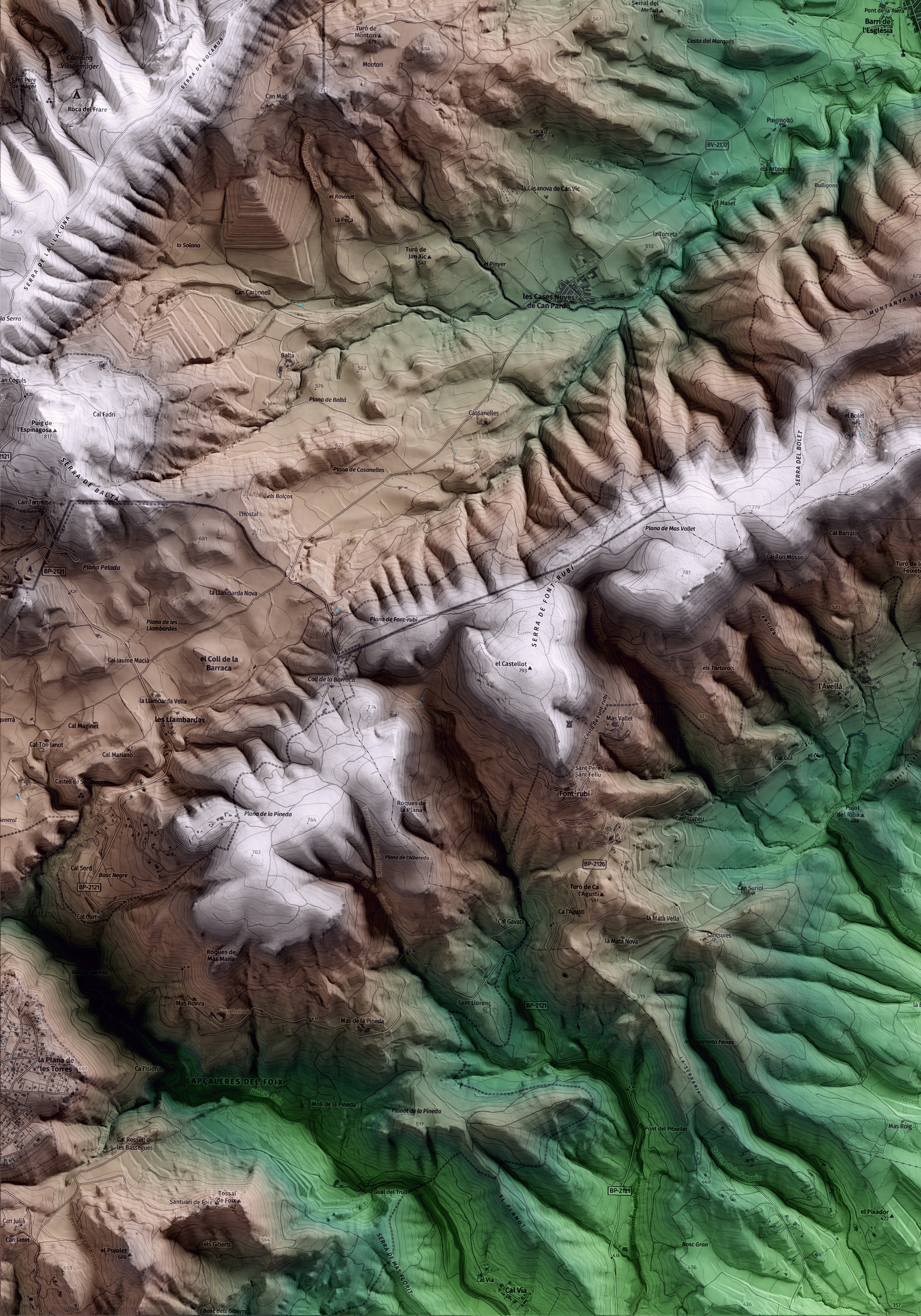 Mapa artístico del relieve de Mediona, al Alt Penedès, con 15 km de entorno y base topográfica ICGC. Detalle de la zona inferior izquierda.