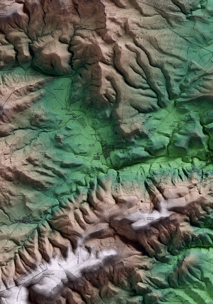 Mapa artístico del relieve de Mediona, al Alt Penedès, con 15 km de entorno y base topográfica ICGC. Detalle de la zona central.