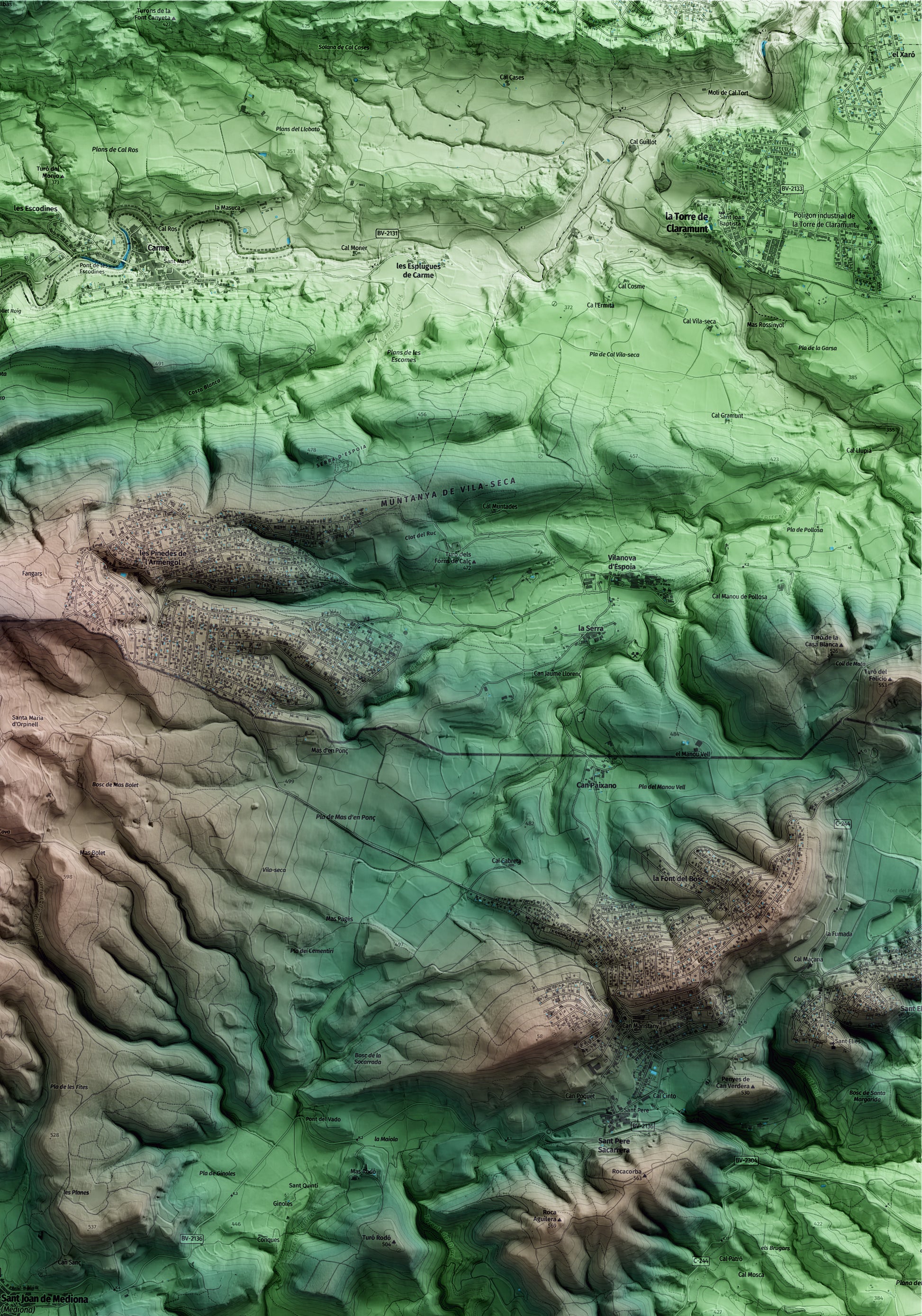 Mapa artístico del relieve de Mediona, al Alt Penedès, con 15 km de entorno y base topográfica ICGC. Detalle de la zona superior derecha.