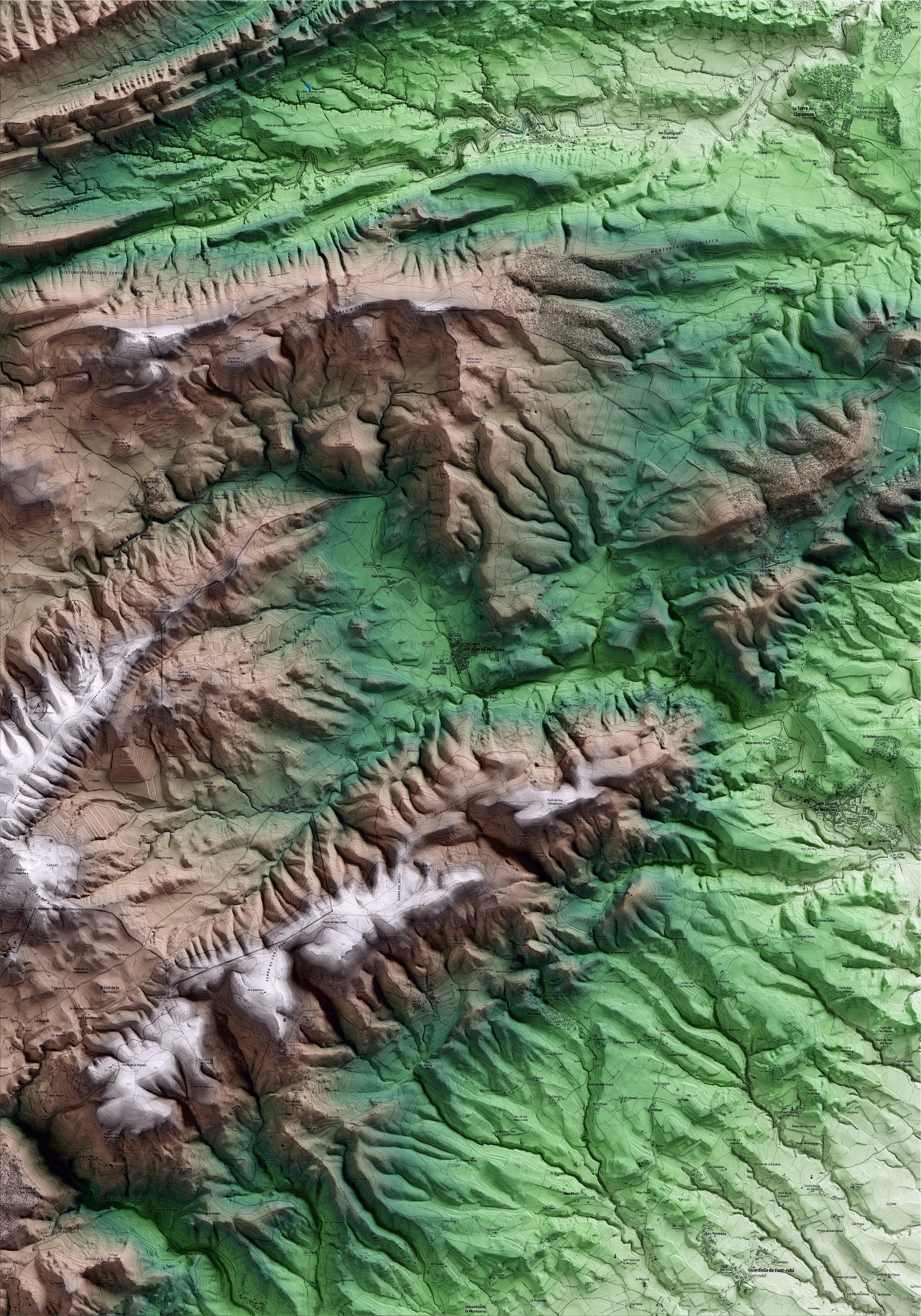 Mapa artístico del relieve de Mediona, al Alt Penedès, con 15 km de entorno y base topográfica ICGC