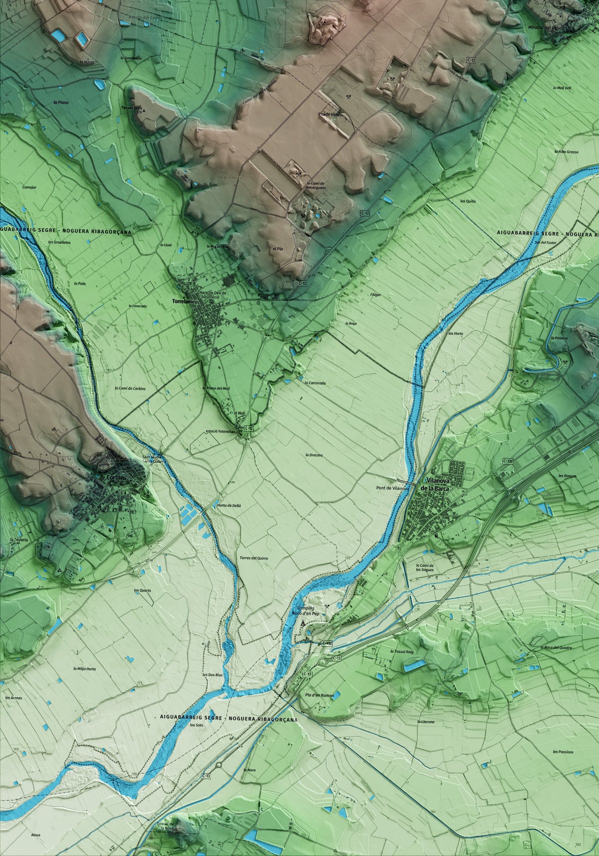 Mapa artístico del relieve de Menàrguens, a la Noguera, con 15 km de entorno y base topográfica ICGC. Detalle de la zona inferior izquierda.