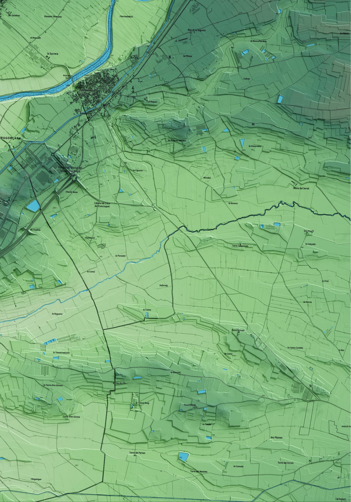 Mapa artístico del relieve de Menàrguens, a la Noguera, con 15 km de entorno y base topográfica ICGC. Detalle de la zona inferior derecha.