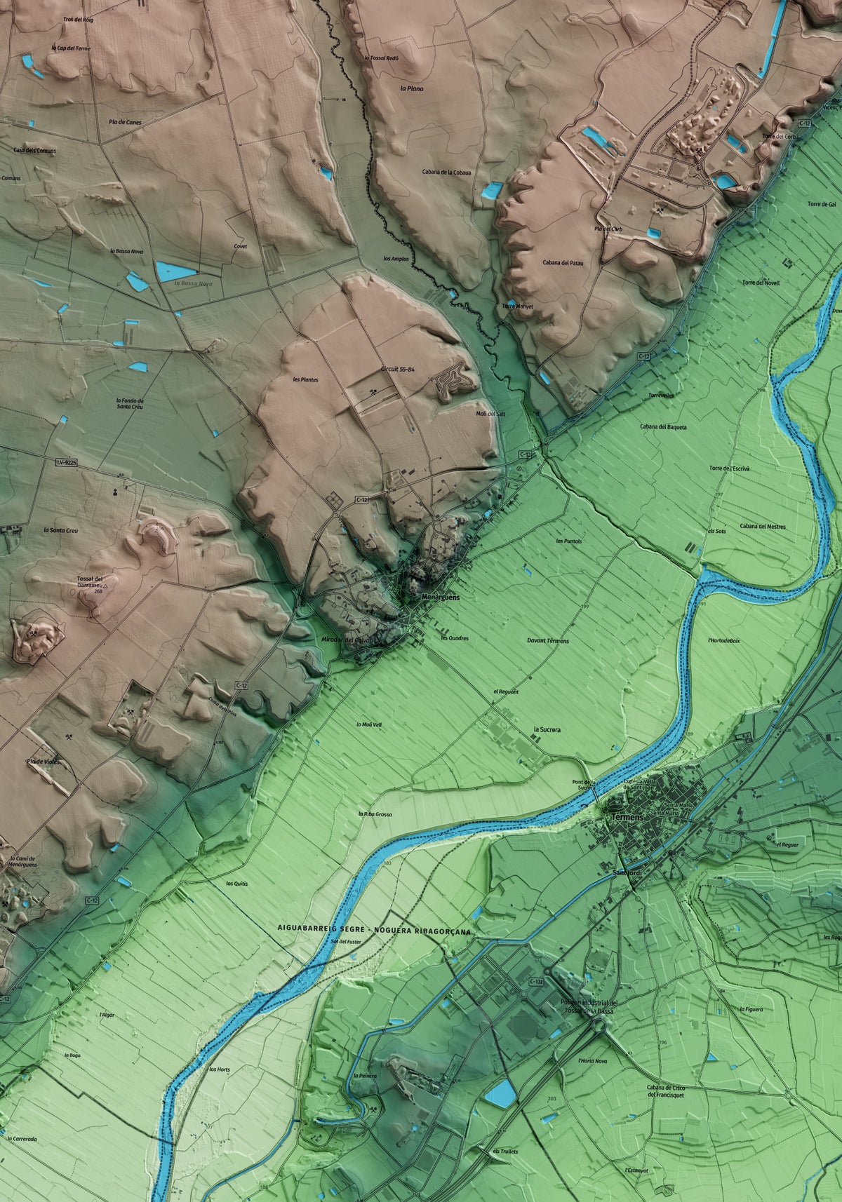 Mapa artístico del relieve de Menàrguens, a la Noguera, con 15 km de entorno y base topográfica ICGC. Detalle de la zona central.