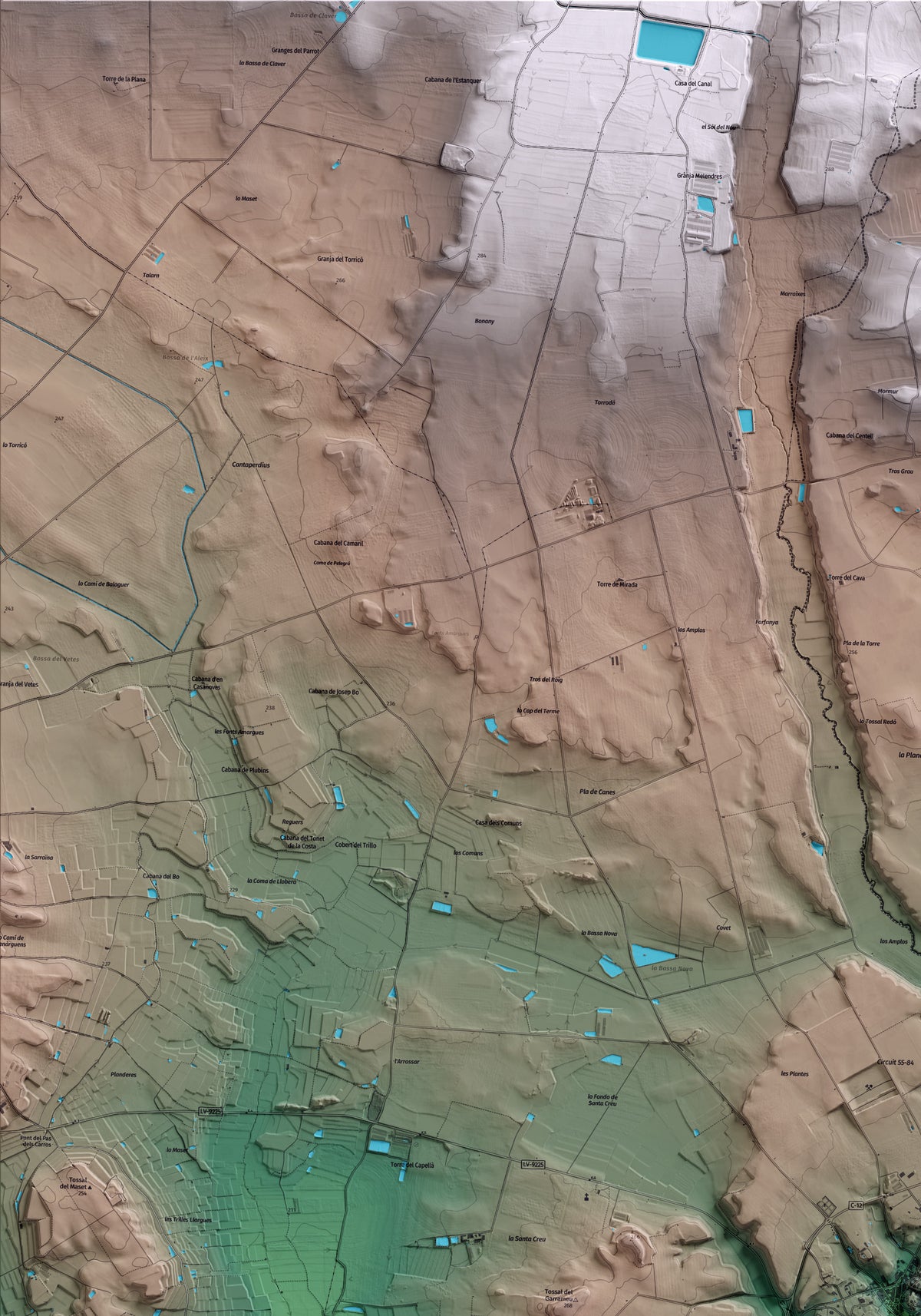 Mapa artístico del relieve de Menàrguens, a la Noguera, con 15 km de entorno y base topográfica ICGC. Detalle de la zona superior izquierda.