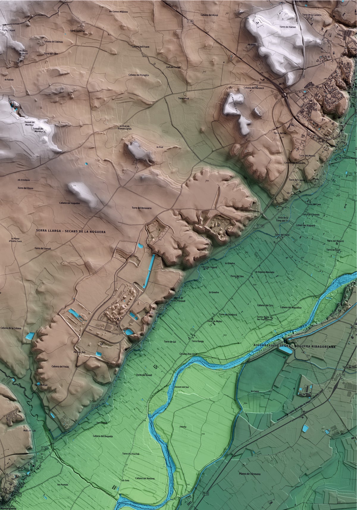 Mapa artístico del relieve de Menàrguens, a la Noguera, con 15 km de entorno y base topográfica ICGC. Detalle de la zona superior derecha.