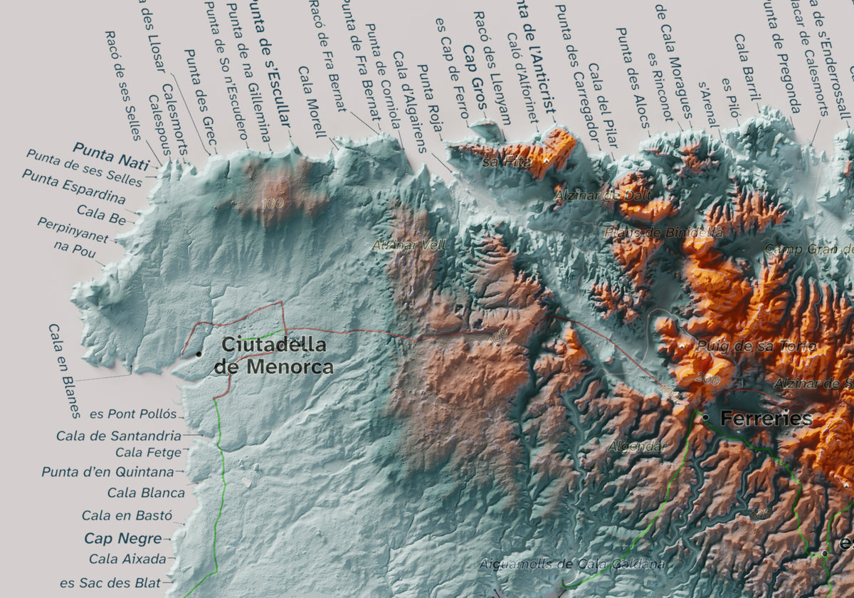 Edició octubre 2026 · Mapa topogràfic de Menorca, Blau i taronja, 21 × 30 cm: detall de la costa nord-oest.