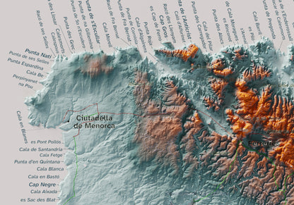 Edició octubre 2026 · Mapa topogràfic de Menorca, Blau i taronja, 21 × 30 cm: detall de la costa nord-oest.