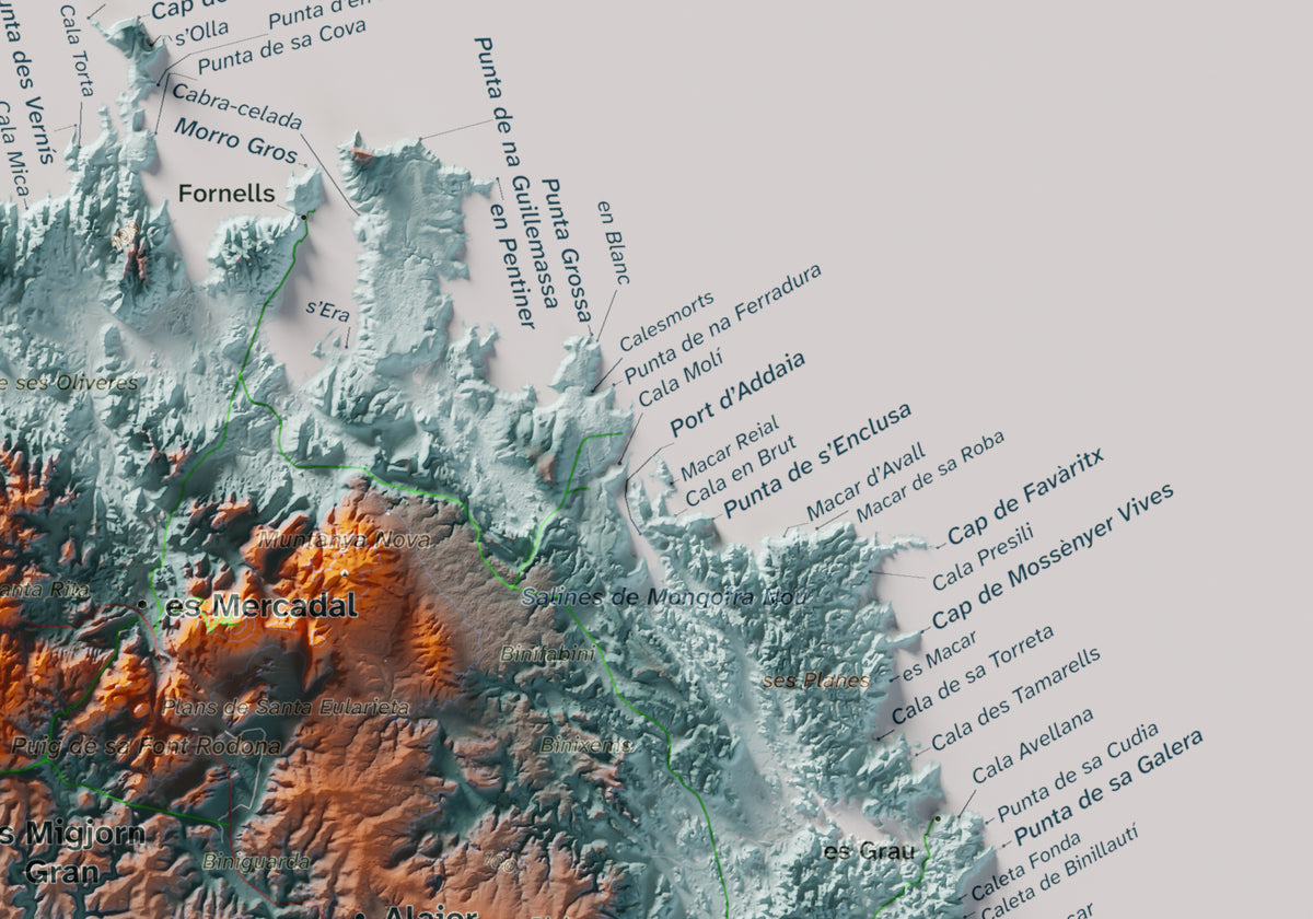 Edició octubre 2026 · Mapa topogràfic de Menorca, Blau i taronja, 21 × 30 cm: detall de la costa nord-est.