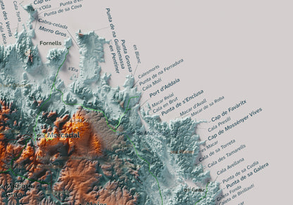 Edició octubre 2026 · Mapa topogràfic de Menorca, Blau i taronja, 21 × 30 cm: detall de la costa nord-est.