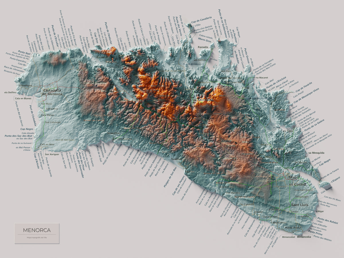 Edició octubre 2026 · Mapa topogràfic de Menorca, Blau i taronja, 30 × 40 cm: mapa complet.