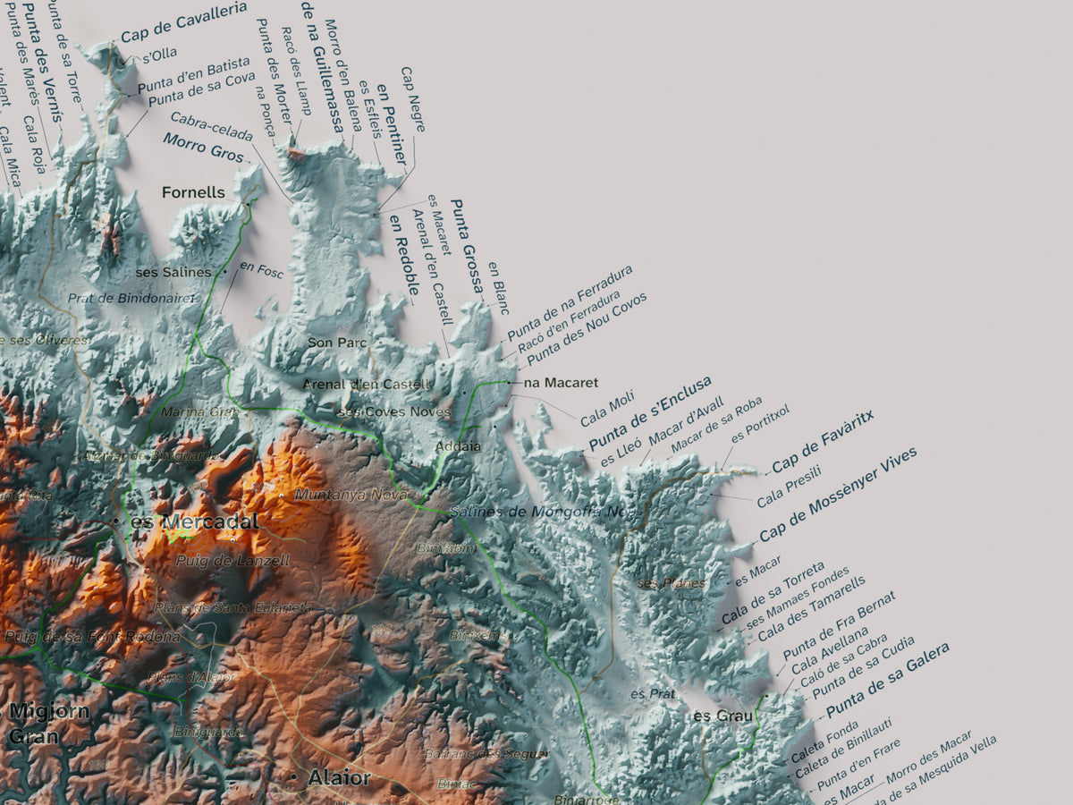 Edició octubre 2026 · Mapa topogràfic de Menorca, Blau i taronja, 30 × 40 cm: detall de la costa nord-est.