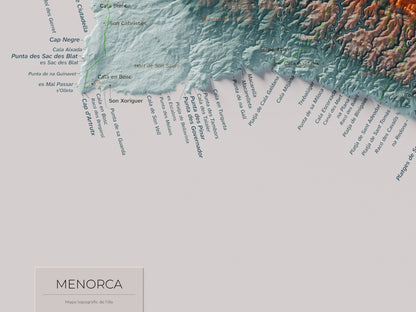 Edició octubre 2026 · Mapa topogràfic de Menorca, Blau i taronja, 30 × 40 cm: detall de la costa sud-oest.