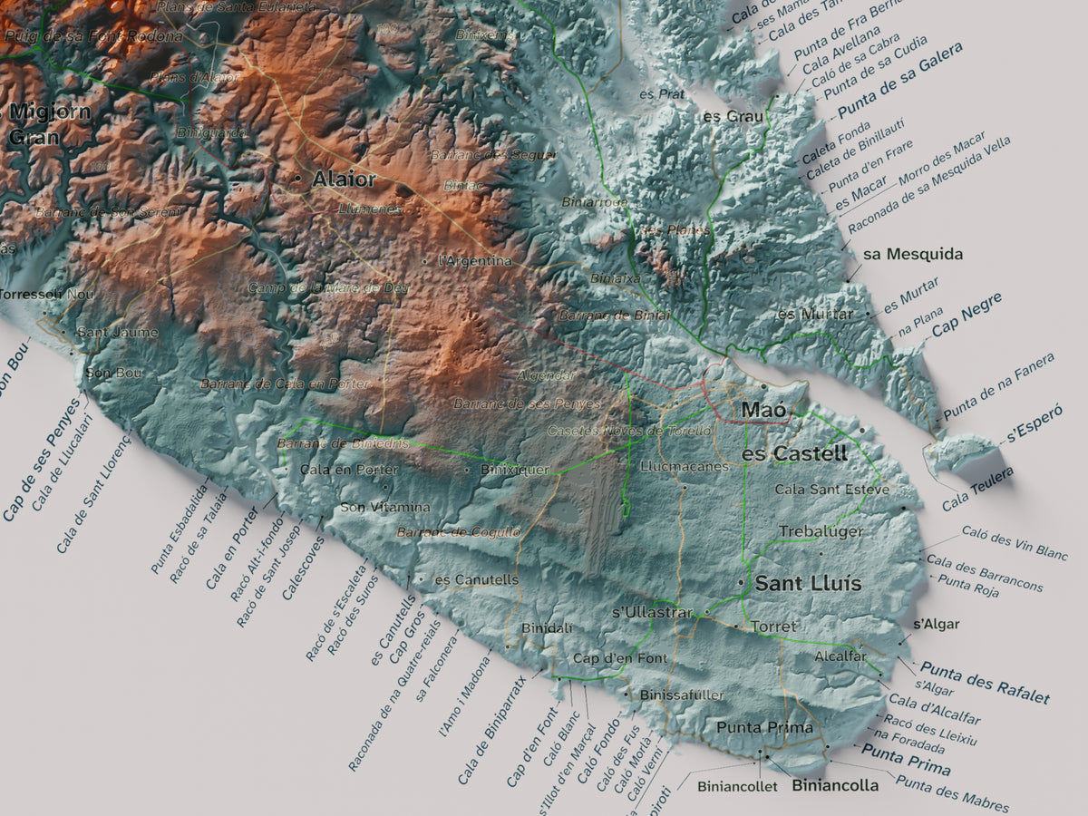 Edició octubre 2026 · Mapa topogràfic de Menorca, Blau i taronja, 30 × 40 cm: detall de la costa sud-est.