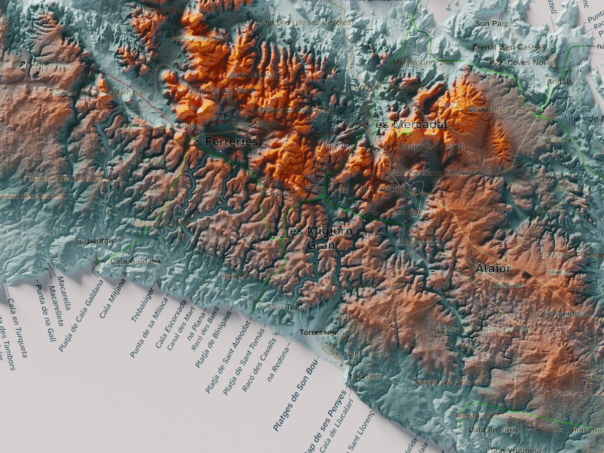 Edició octubre 2026 · Mapa topogràfic de Menorca, Blau i taronja, 30 × 40 cm: detall central.