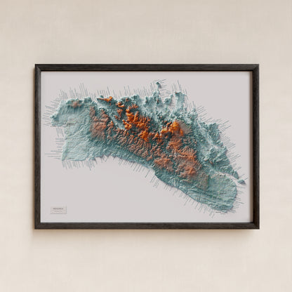 Edició octubre 2026 · Mapa topogràfic de Menorca, Blau i taronja, 50 × 70 cm: presentació en marc negre (marc no inclòs).