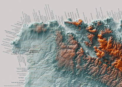 Edició octubre 2026 · Mapa topogràfic de Menorca, Blau i taronja, 50 × 70 cm: detall de la costa nord-oest.