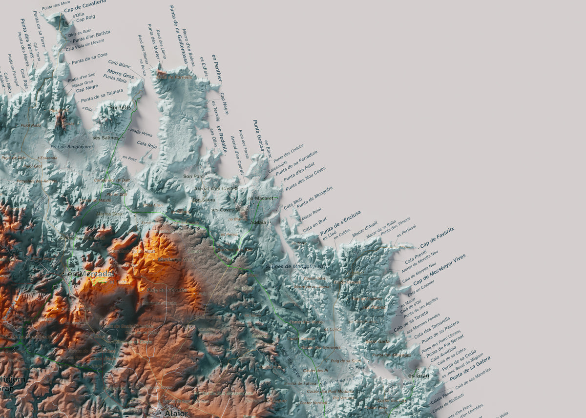 Edició octubre 2026 · Mapa topogràfic de Menorca, Blau i taronja, 50 × 70 cm: detall de la costa nord-est.