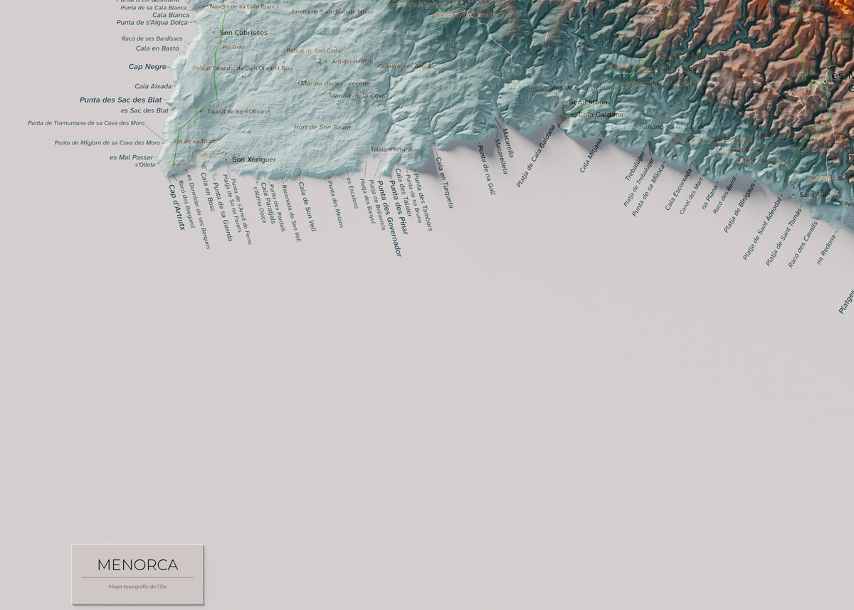 Edició octubre 2026 · Mapa topogràfic de Menorca, Blau i taronja, 50 × 70 cm: detall de la costa sud-oest.