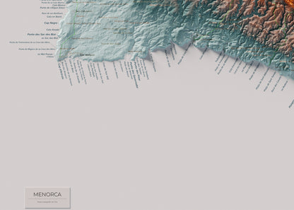 Edició octubre 2026 · Mapa topogràfic de Menorca, Blau i taronja, 50 × 70 cm: detall de la costa sud-oest.