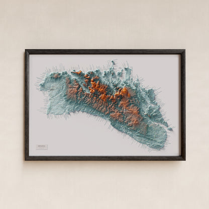 Edició octubre 2026 · Mapa topogràfic de Menorca, Blau i taronja, 61 × 91 cm: presentació en marc negre (marc no inclòs).