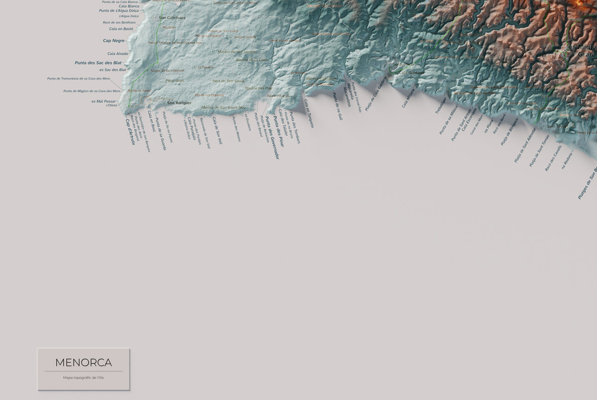 Edició octubre 2026 · Mapa topogràfic de Menorca, Blau i taronja, 61 × 91 cm: detall de la costa sud-oest.