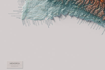 Edició octubre 2026 · Mapa topogràfic de Menorca, Blau i taronja, 61 × 91 cm: detall de la costa sud-oest.