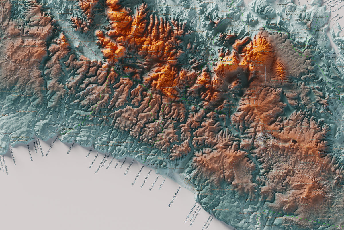 Edició octubre 2026 · Mapa topogràfic de Menorca, Blau i taronja, 61 × 91 cm: detall central.