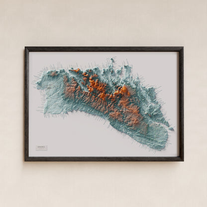 Edició octubre 2026 · Mapa topogràfic de Menorca, Blau i taronja, 70 × 100 cm: presentació en marc negre (marc no inclòs).