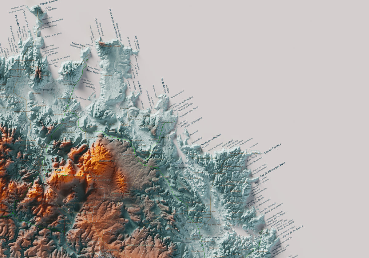 Edició octubre 2026 · Mapa topogràfic de Menorca, Blau i taronja, 70 × 100 cm: detall de la costa nord-est.