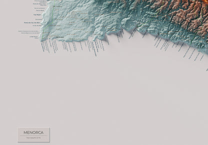 Edició octubre 2026 · Mapa topogràfic de Menorca, Blau i taronja, 70 × 100 cm: detall de la costa sud-oest.