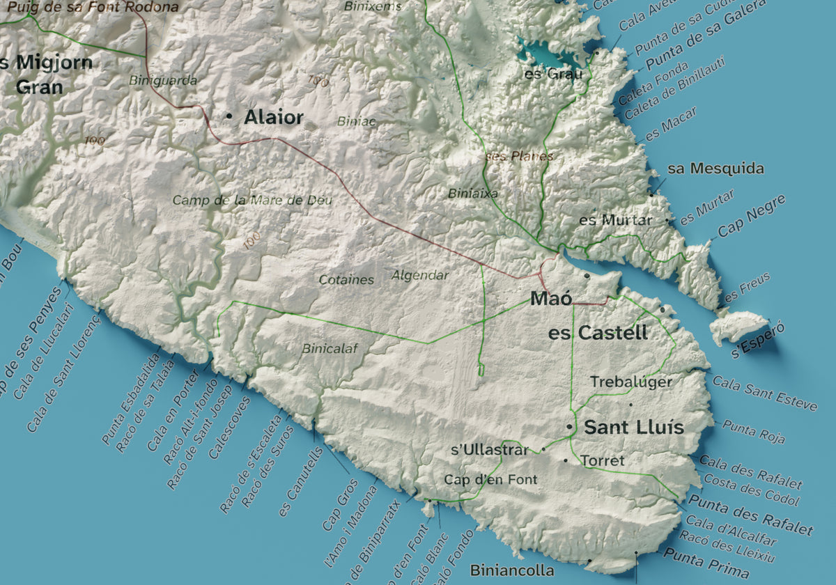 Edició octubre 2026 · Mapa topogràfic de Menorca, Cartogràfic, 21 × 30 cm: detall de la costa sud-est.