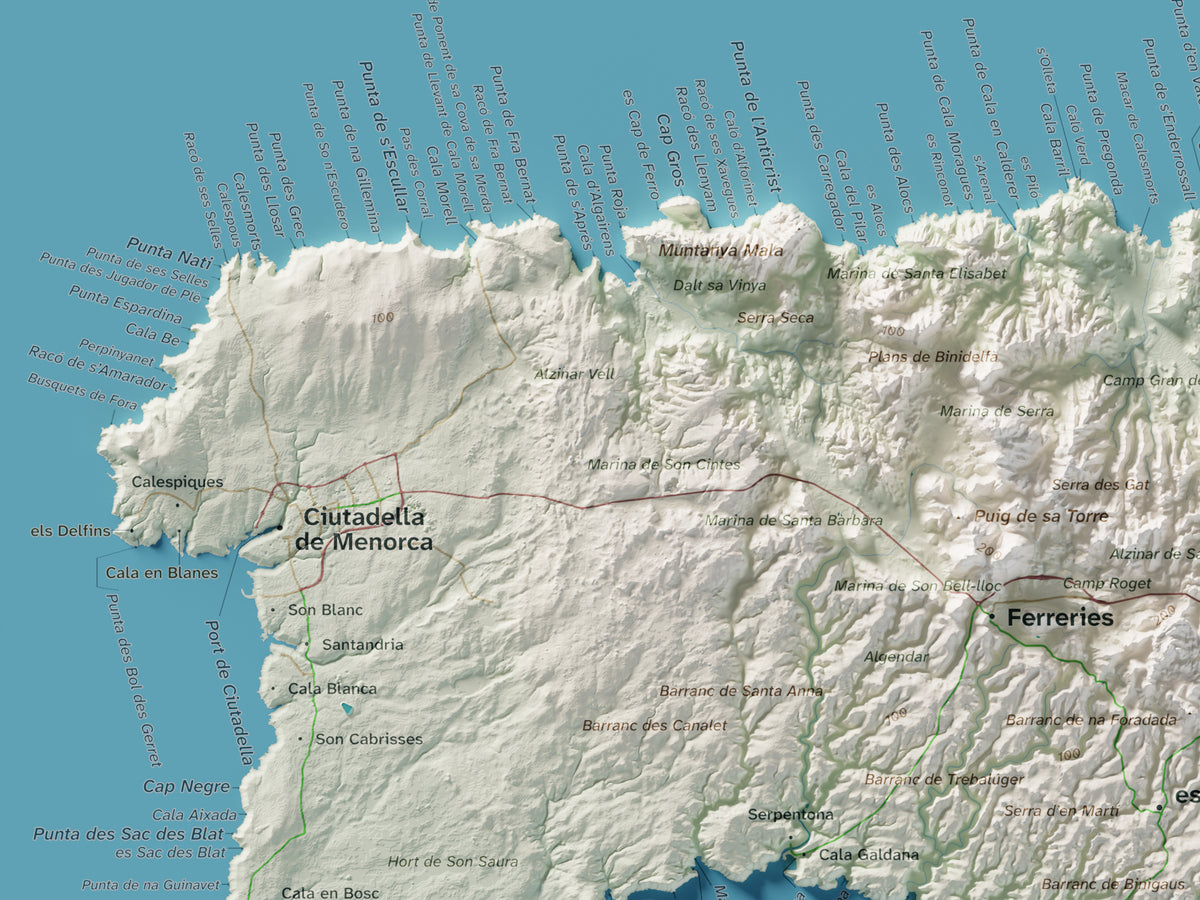 Edició octubre 2026 · Mapa topogràfic de Menorca, Cartogràfic, 30 × 40 cm: detall de la costa nord-oest.