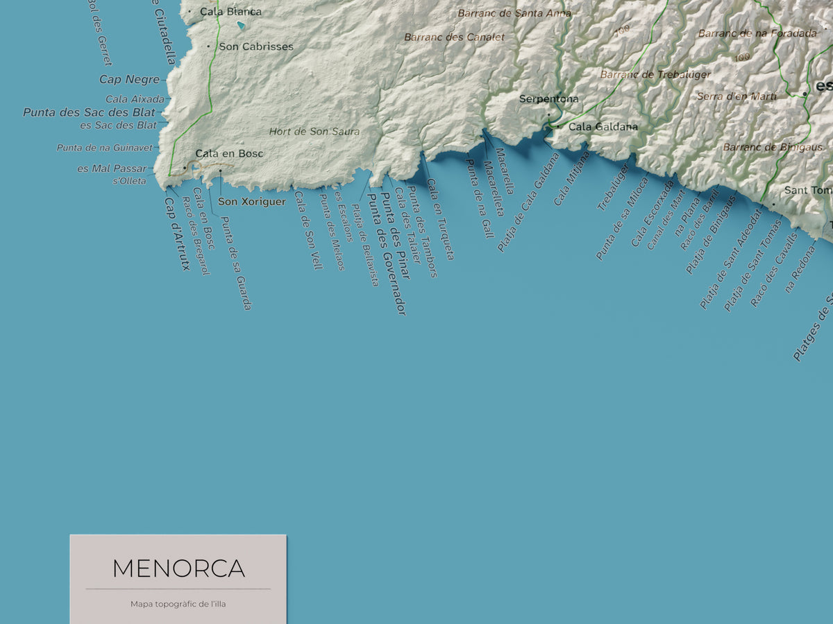 Edició octubre 2026 · Mapa topogràfic de Menorca, Cartogràfic, 30 × 40 cm: detall de la costa sud-oest.