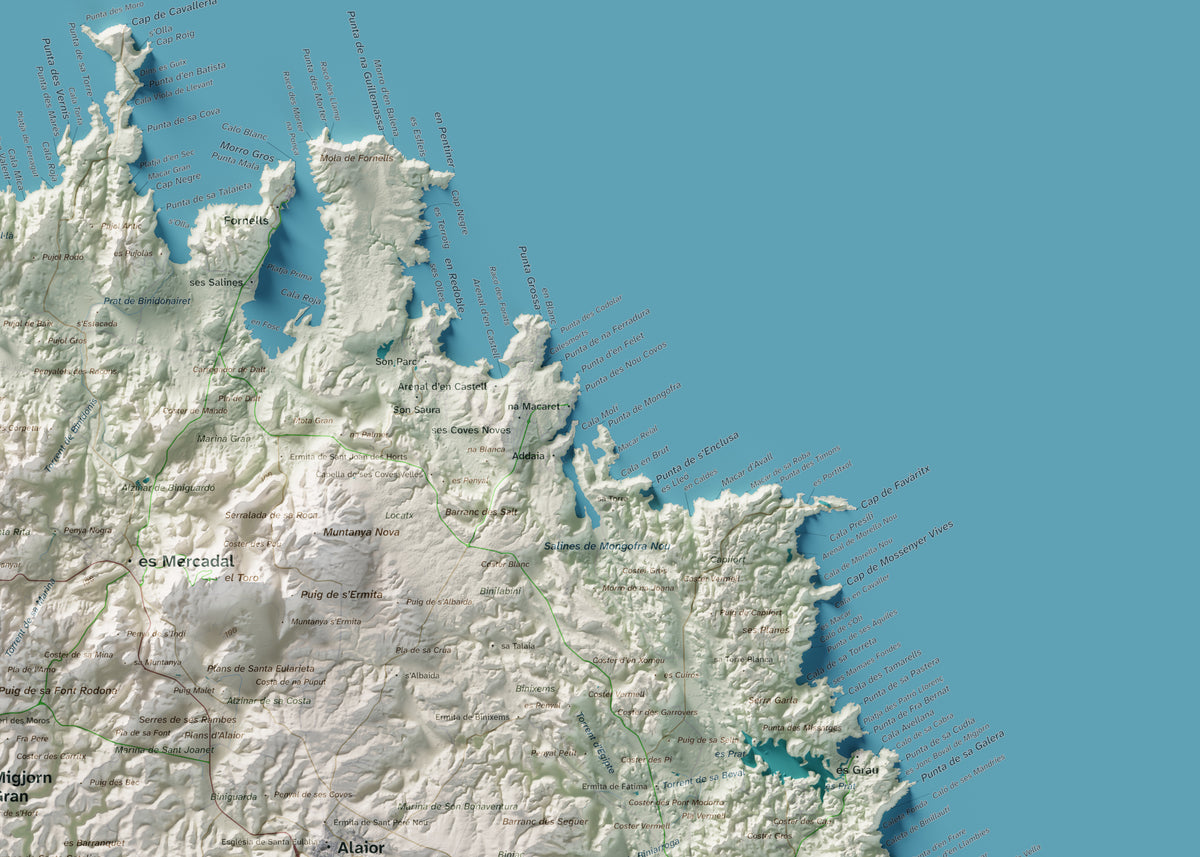 Edició octubre 2026 · Mapa topogràfic de Menorca, Cartogràfic, 50 × 70 cm: detall de la costa nord-est.