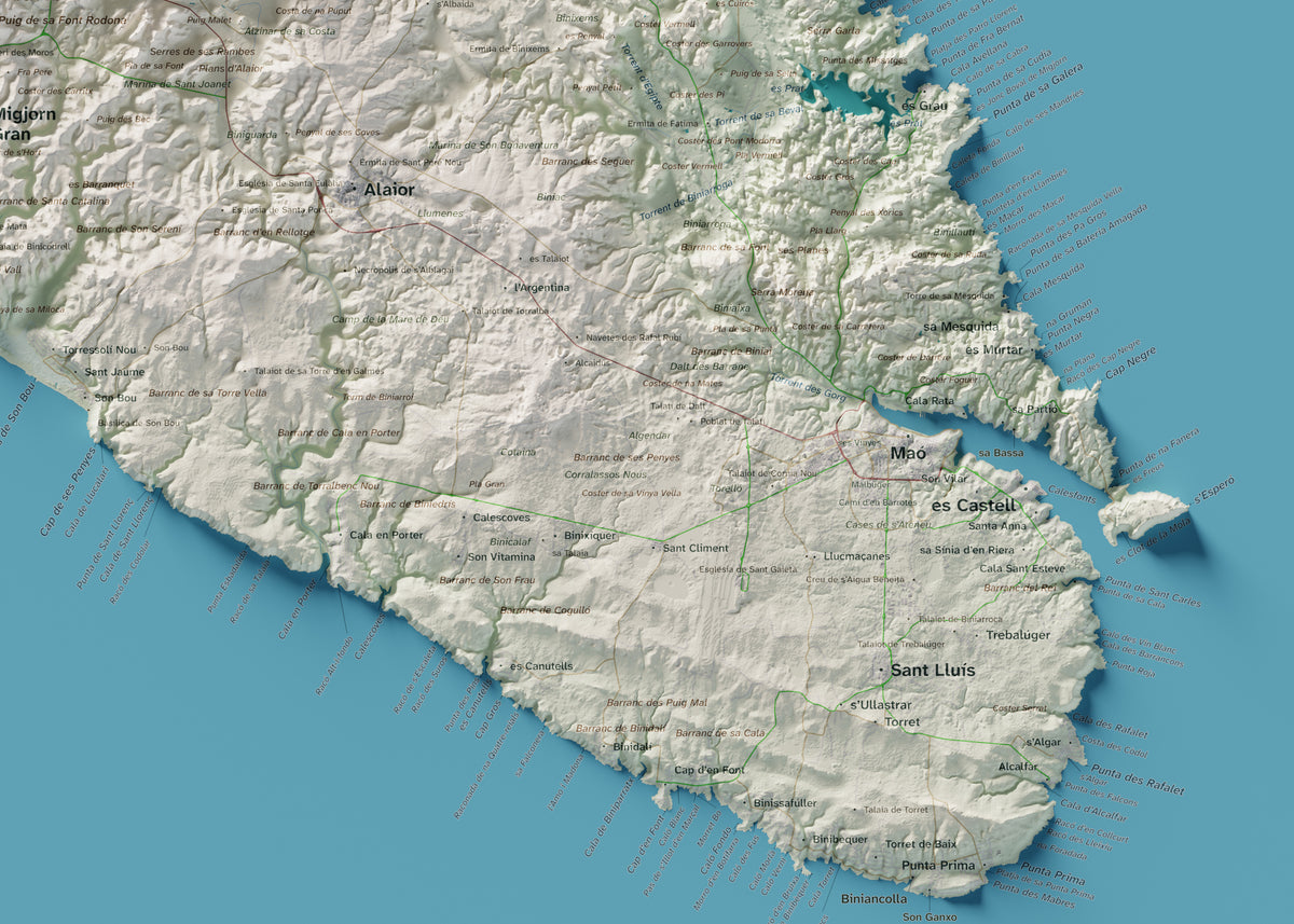 Edició octubre 2026 · Mapa topogràfic de Menorca, Cartogràfic, 50 × 70 cm: detall de la costa sud-est.