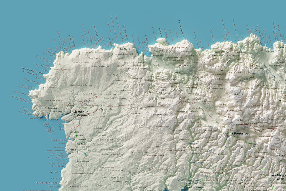 Edició octubre 2026 · Mapa topogràfic de Menorca, Cartogràfic, 61 × 91 cm: detall de la costa nord-oest.