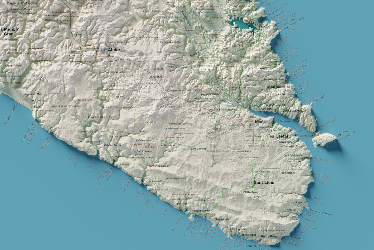 Edició octubre 2026 · Mapa topogràfic de Menorca, Cartogràfic, 61 × 91 cm: detall de la costa sud-est.