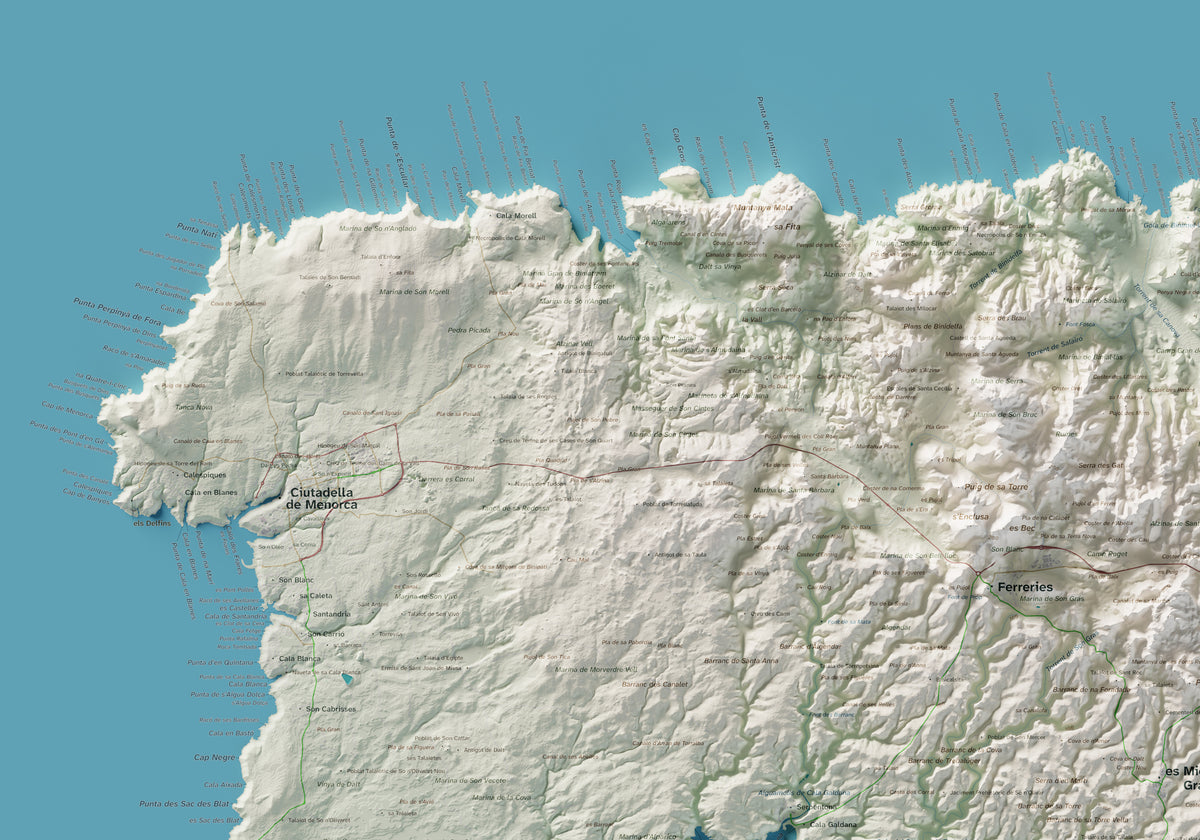 Edició octubre 2026 · Mapa topogràfic de Menorca, Cartogràfic, 70 × 100 cm: detall de la costa nord-oest.