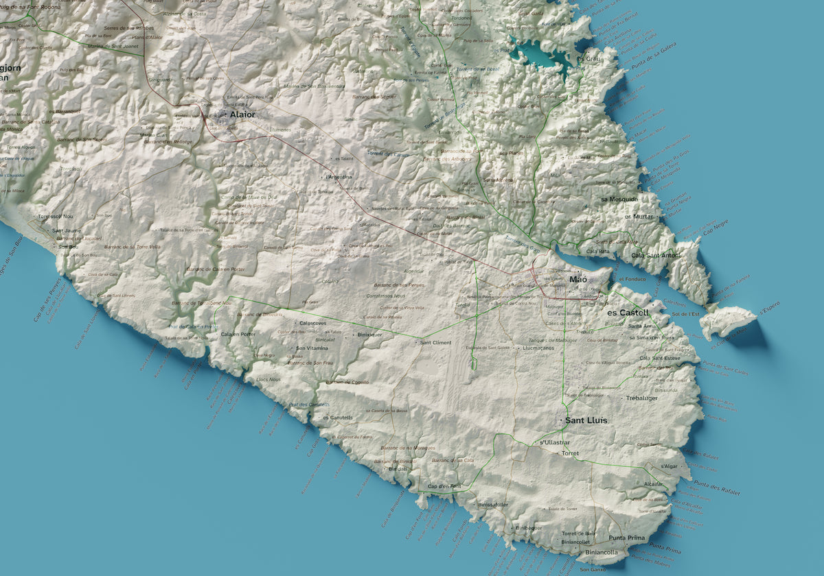 Edició octubre 2026 · Mapa topogràfic de Menorca, Cartogràfic, 70 × 100 cm: detall de la costa sud-est.