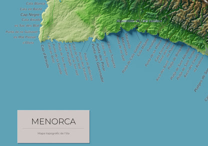Edició octubre 2026 · Mapa topogràfic de Menorca, Clàssic, 21 × 30 cm: detall de la costa sud-oest.