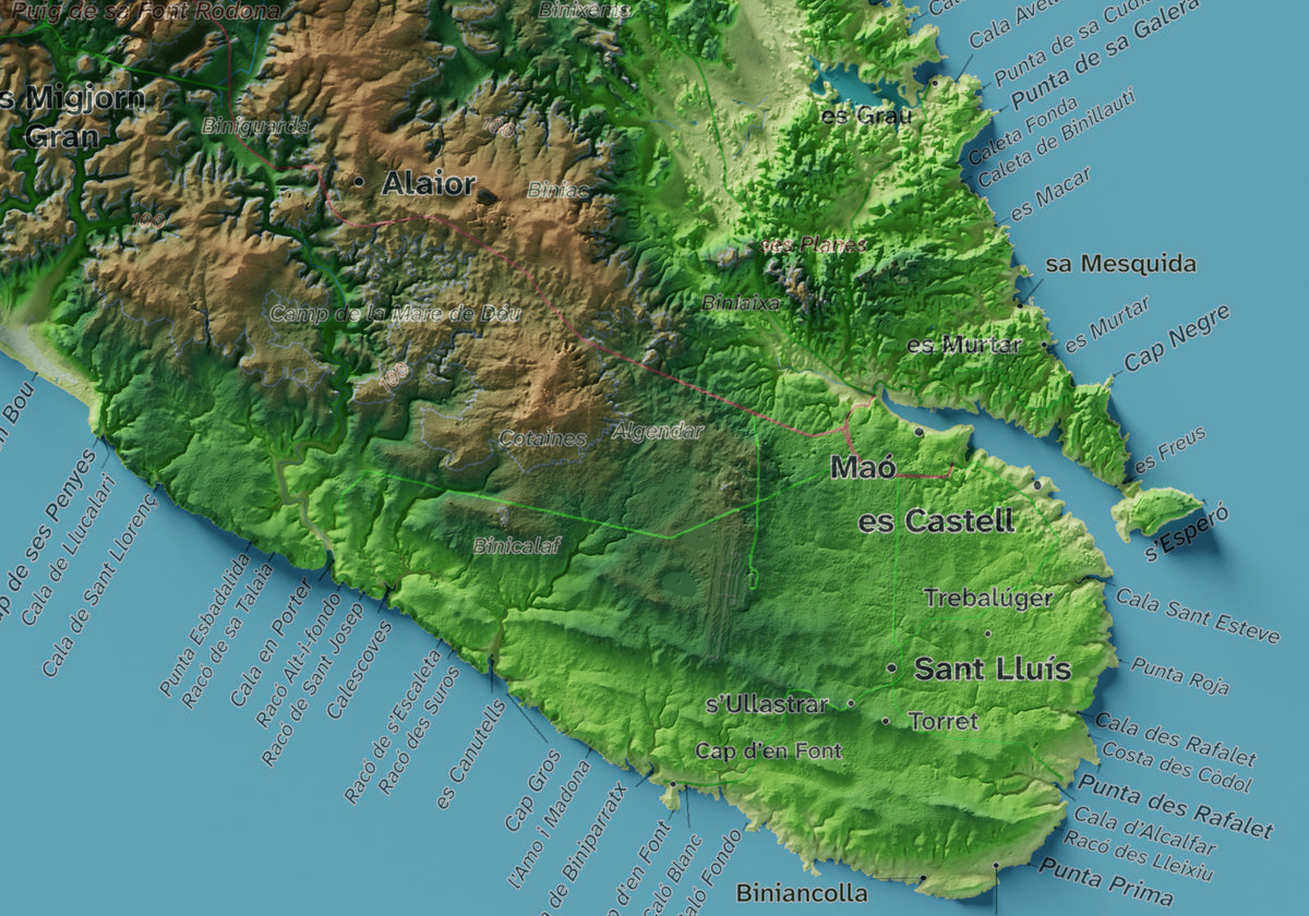 Edició octubre 2026 · Mapa topogràfic de Menorca, Clàssic, 21 × 30 cm: detall de la costa sud-est.