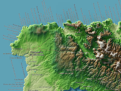 Edició octubre 2026 · Mapa topogràfic de Menorca, Clàssic, 30 × 40 cm: detall de la costa nord-oest.