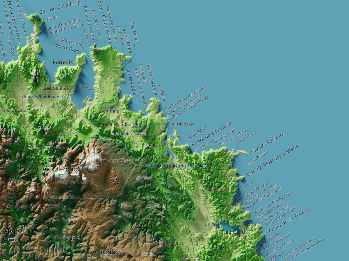 Edició octubre 2026 · Mapa topogràfic de Menorca, Clàssic, 30 × 40 cm: detall de la costa nord-est.