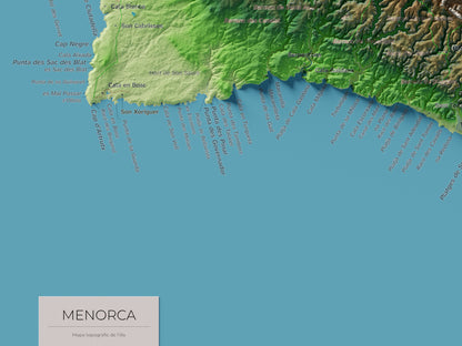 Edició octubre 2026 · Mapa topogràfic de Menorca, Clàssic, 30 × 40 cm: detall de la costa sud-oest.