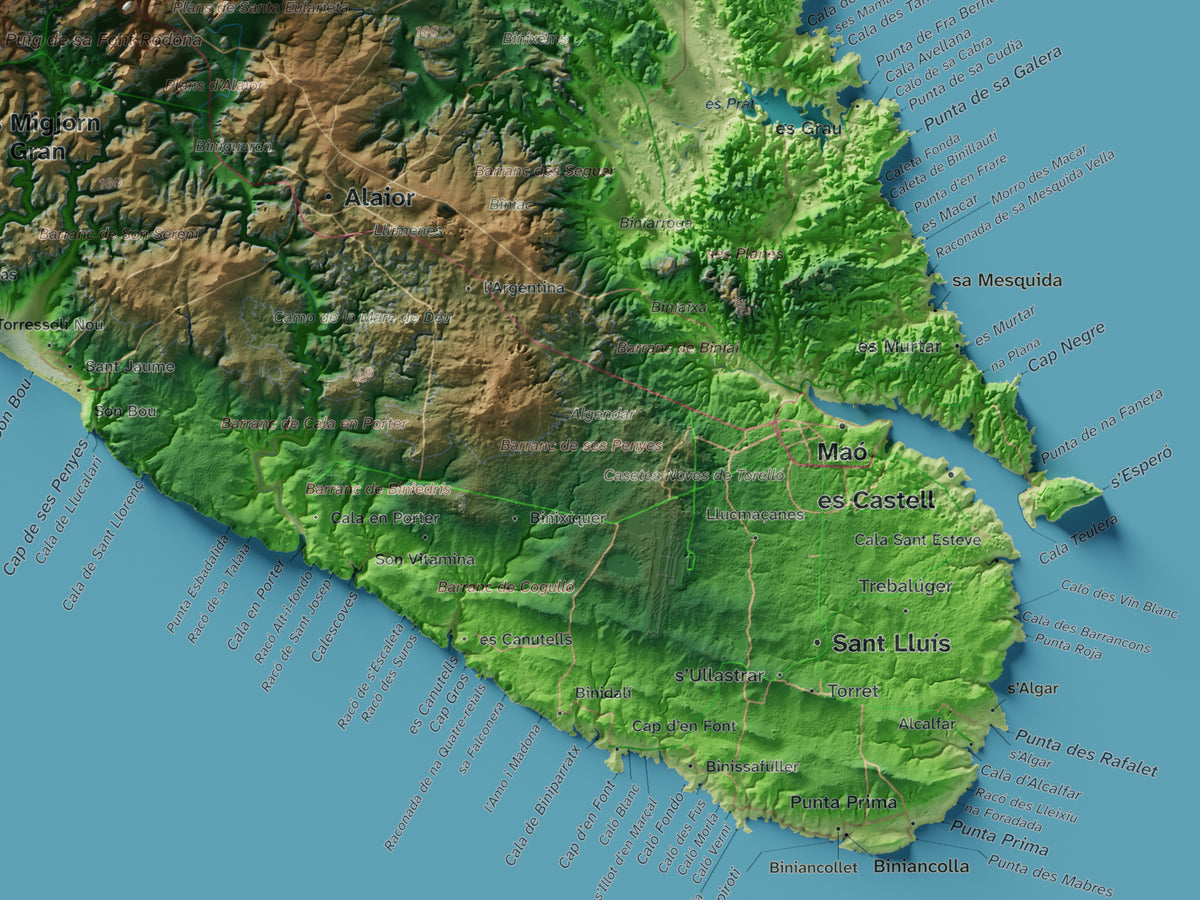 Edició octubre 2026 · Mapa topogràfic de Menorca, Clàssic, 30 × 40 cm: detall de la costa sud-est.