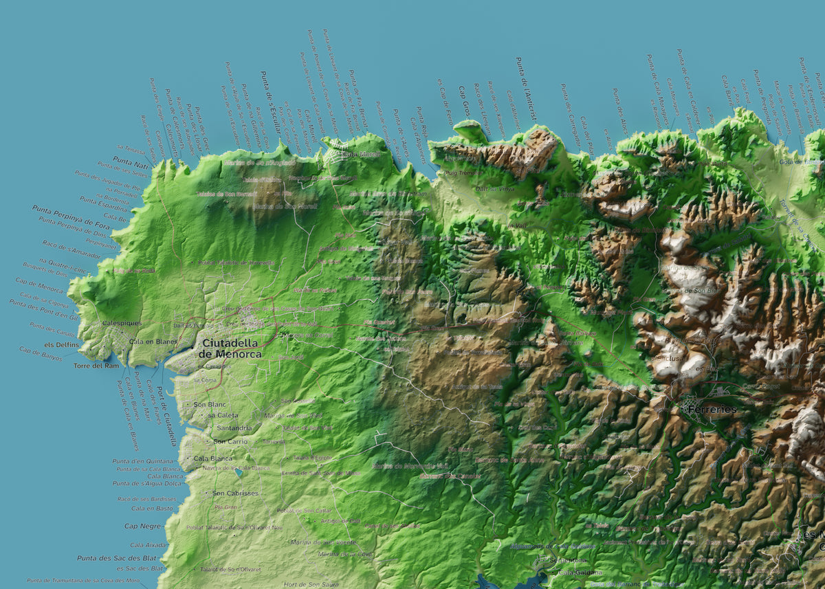 Edició octubre 2026 · Mapa topogràfic de Menorca, Clàssic, 50 × 70 cm: detall de la costa nord-oest.