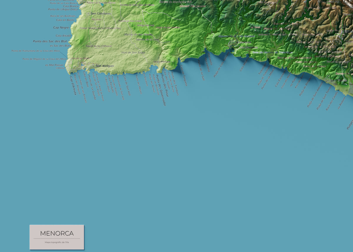 Edició octubre 2026 · Mapa topogràfic de Menorca, Clàssic, 50 × 70 cm: detall de la costa sud-oest.