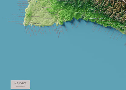 Edició octubre 2026 · Mapa topogràfic de Menorca, Clàssic, 50 × 70 cm: detall de la costa sud-oest.